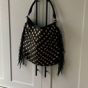 Rebecca Minkoff Black and Gold Studded Fringe Leather Shoulder Bag